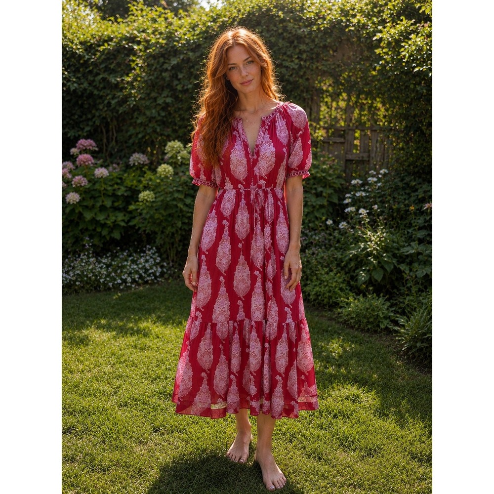 Matta NY Red Pink Paisley Block Print Cotton Tiered Maxi Dress S Pockets Boho
